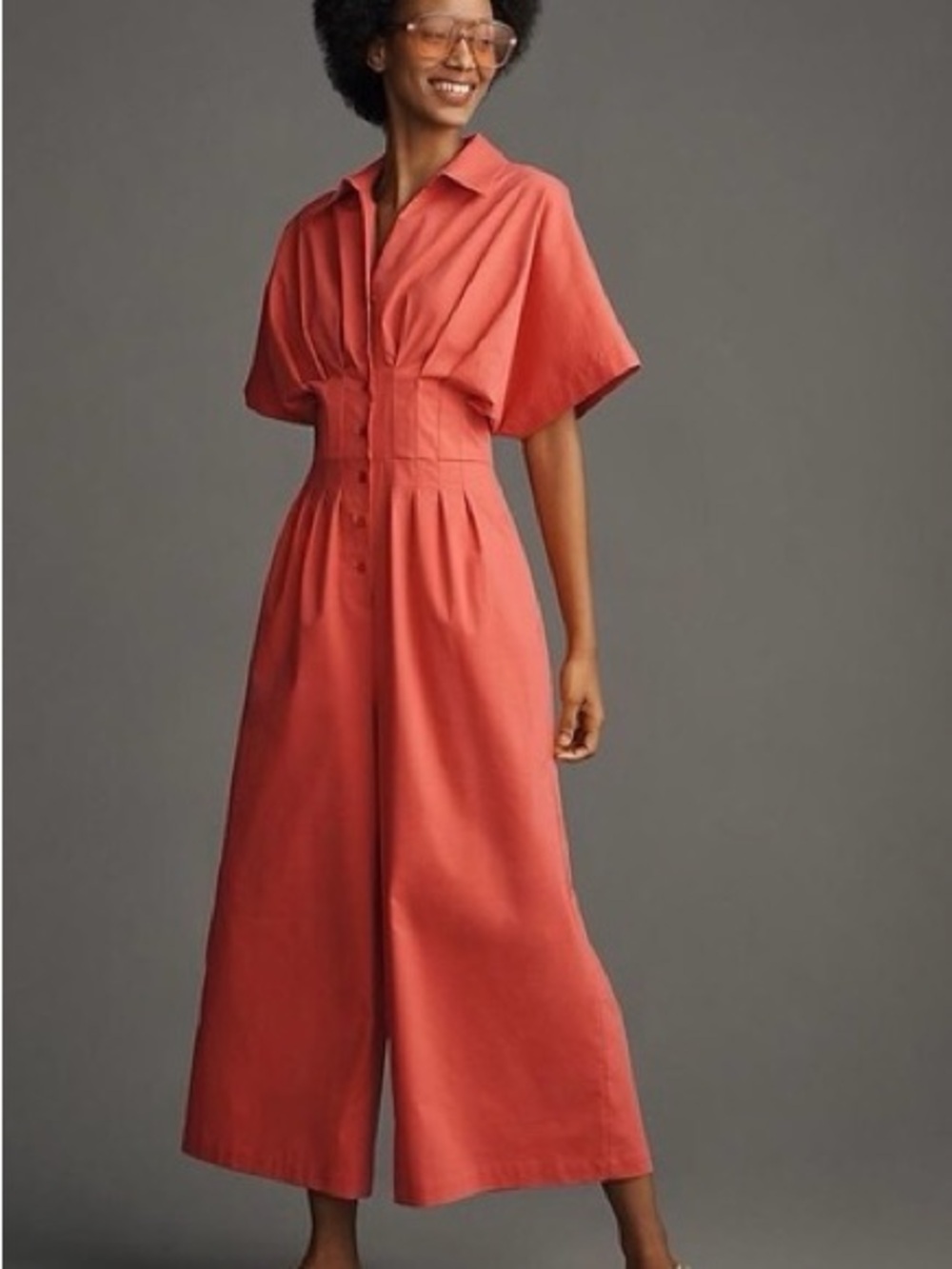 Anthropologie Coral Button-Front Wide-Leg Jumpsuit